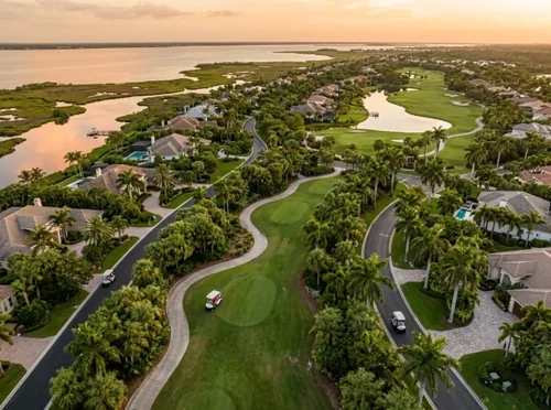 Aerial view of Florida coastal paths and golf fairways under golden hour sun, highlighting a hot tropical environment.